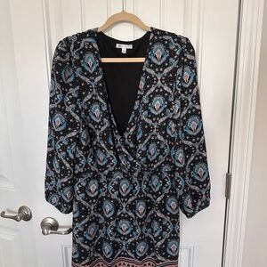 Black Paisley Wrap Dress with Blue & Pink Accents